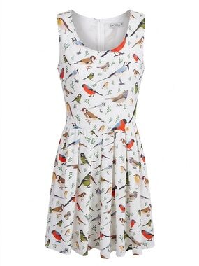 LA Soul Sleeveless Bird-Print Dress in White Pleated With Pockets Medium